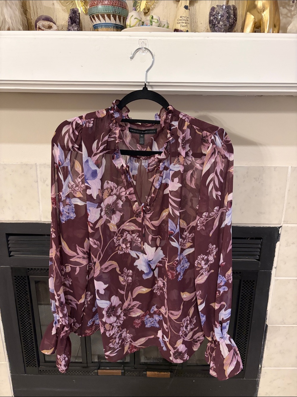 White House Black Market Burgundy Floral Tie-Front Blouse